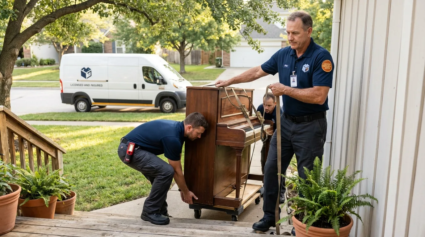 Licensed piano movers securing grand piano in Montello, WI
