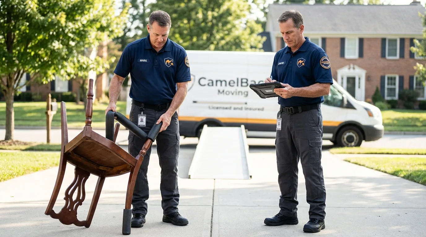 Movers inspecting furniture for damage prevention before loading in Montello, WI
