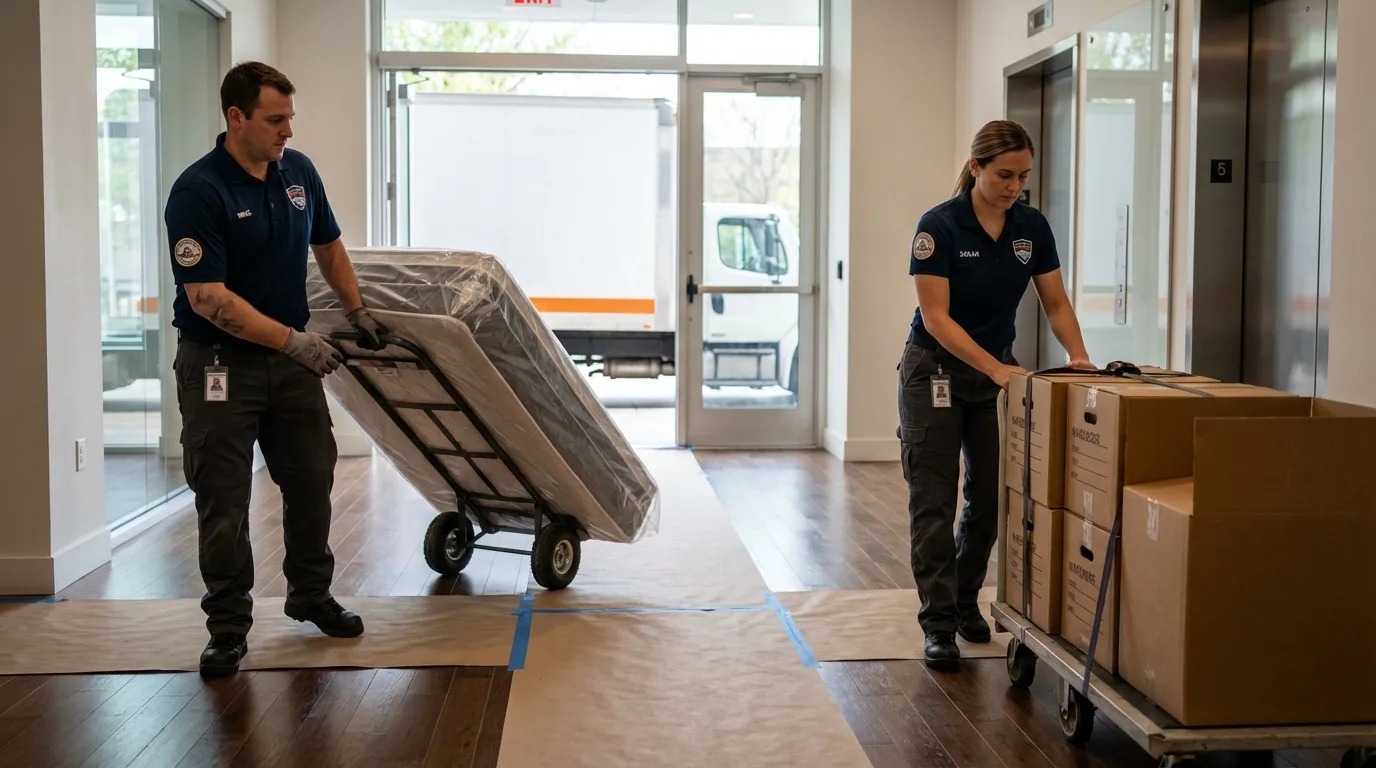 Professional apartment movers loading elevator in Montello, WI