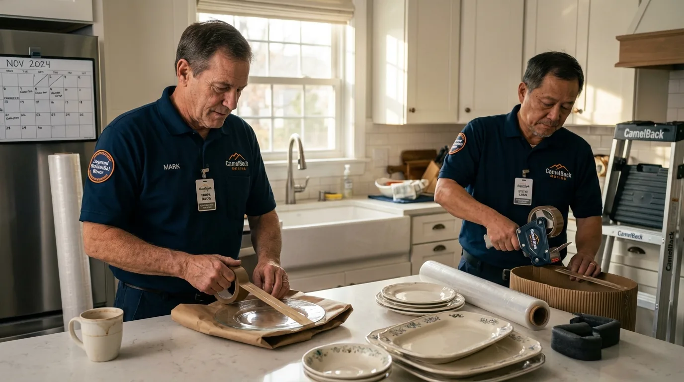 Professional crew packing kitchen dishware in Montello, WI